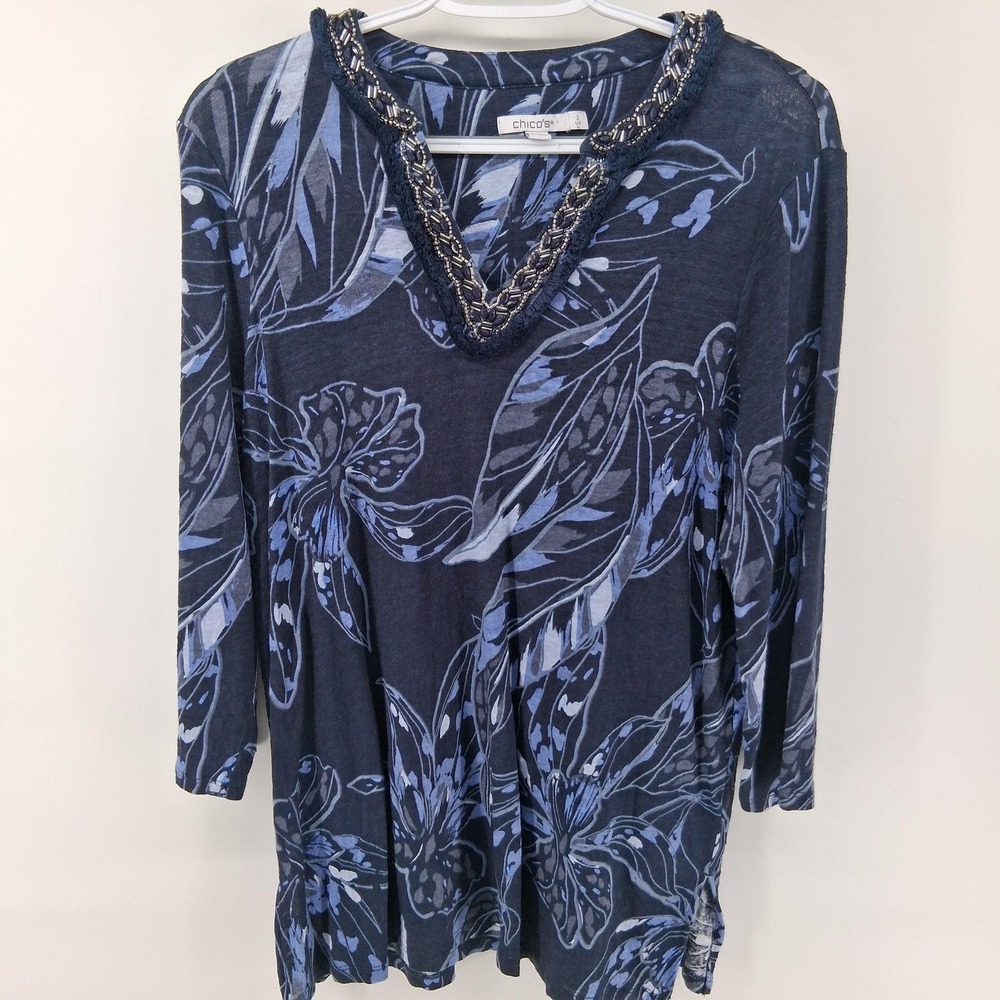 Chicos Shirt Womens L Blue Floral Linen Beaded V-Neck 3/4 Sleeve Tunic Top